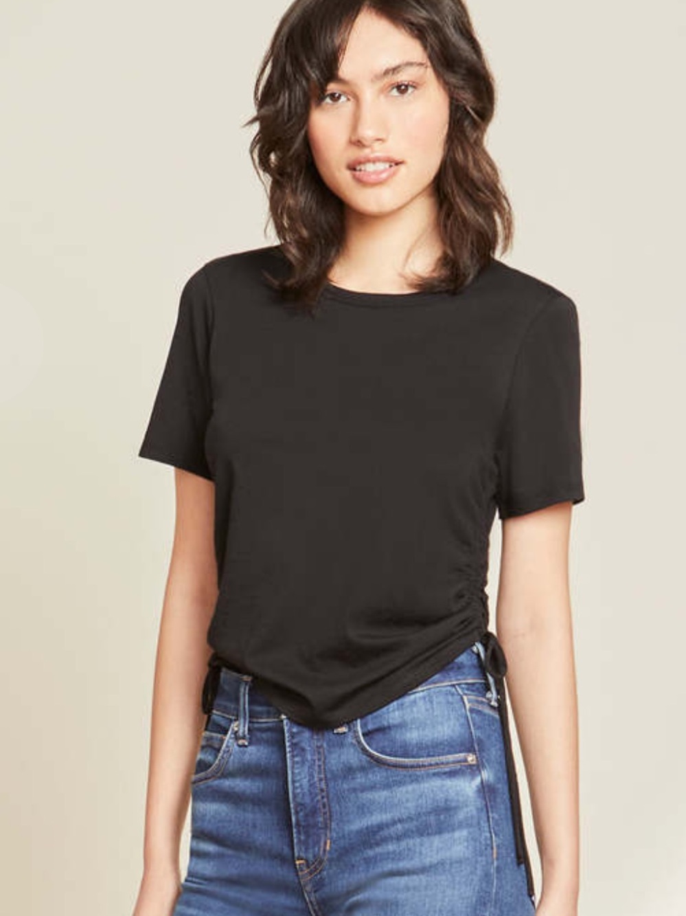 Veronica Beard Black 100% Pima Cotton Side Ruched Short Sleeve Tazi Tee Top Sz L